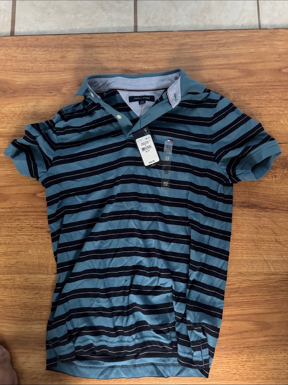 Tommy Hilfiger Teal and Black Striped Polo